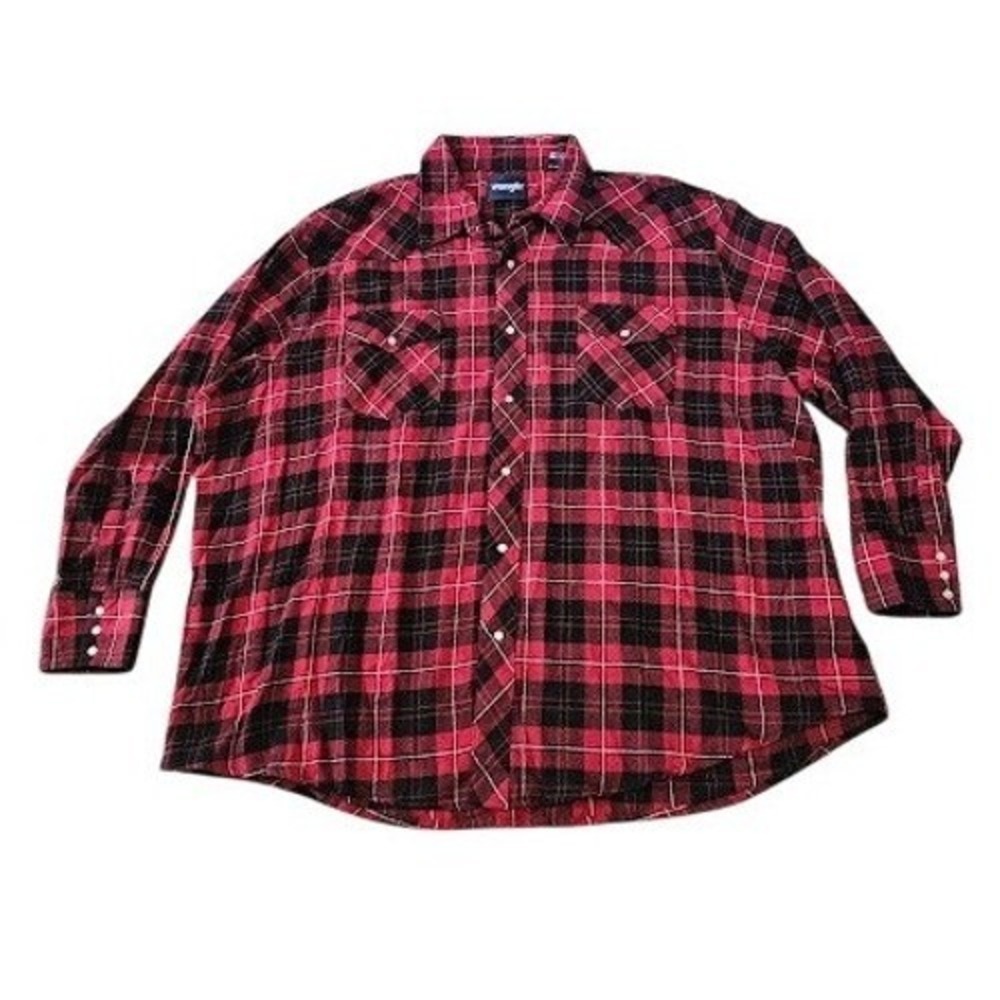 Vintage Wrangler Western Pearl Snap Men 4XL Red Black Plaid Shirt Long Sleeve
